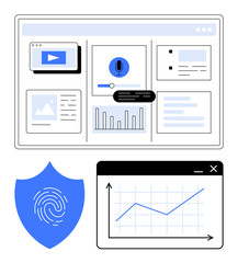 Data dashboard with bar chart, graph, voice search, and video player interfaces. Features security shield with fingerprint and analytics chart. Ideal for technology, data visualization