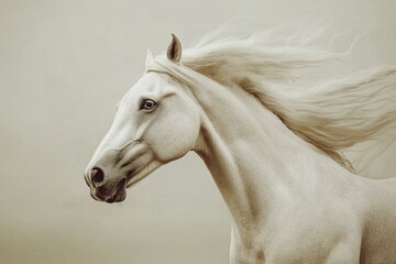 Obraz premium Majestic White Horse Running, Powerful Muscular Animal With Flowing Mane, Headshot on Light Background
