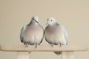 Pair of pigeons perched on wooden stool, beautiful plumage, close-up bird portrait, studio shot of dove birds