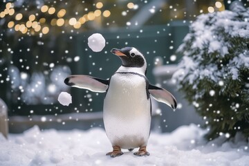 Fototapeta premium Cheerful Penguin Juggling Snowballs in Winter Wonderland, Sparkling Lights and Holiday Atmosphere