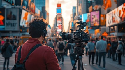 News Reporter Broadcasting Live in Times Square with Camera and a Big Crowd