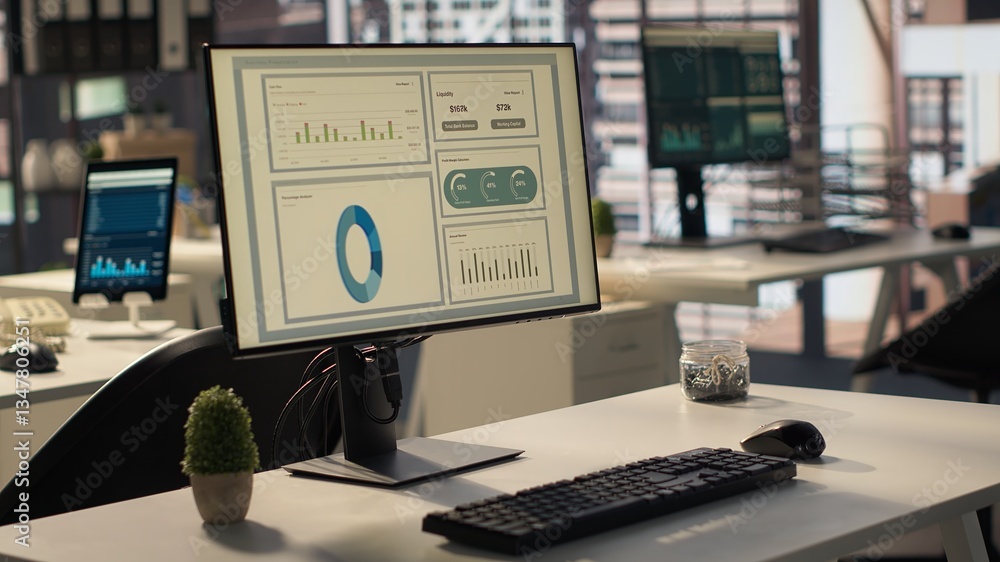 Poster empty high end workspace with advanced tech tools enhancing productivity, helping business professio