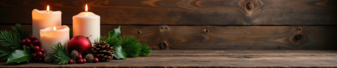 Elegant Christmas decor against a rustic wooden background with candles, pinecones and holly, holly, candlelight, Christmas decorations