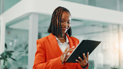 Office, black woman and smile with tablet for typing, email information and feedback to client....