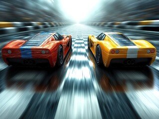 Two race cars speeding toward the finish line.