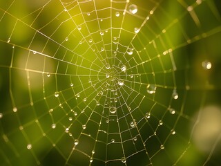 Fototapeta premium Dew-Kissed Spiderweb Detailed Close-up of Nature's Artistry with Water Droplets.
