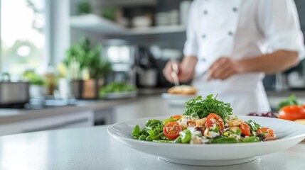 A chef skillfully garnishes a colorful salad with fresh vegetables in a contemporary kitchen filled with natural light. The focus is on the vibrant ingredients