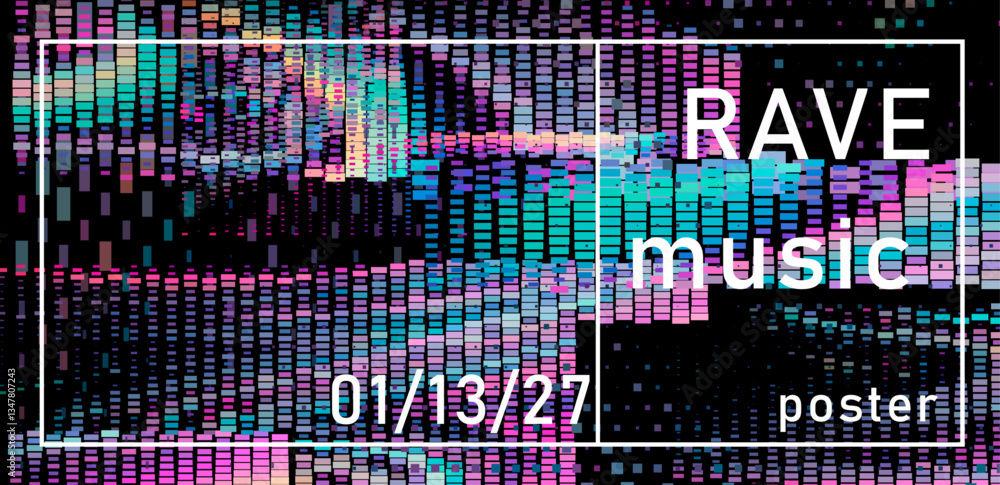 Poster vibrant rave poster with glitchy, pixelated patterns and bold typography. features dynamic color blo