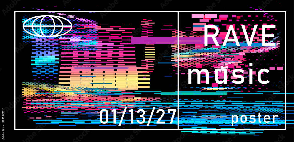 Poster Vibrant rave poster with glitchy, pixelated patterns and bold typography. Features dynamic color blocks and an abstract digital aesthetic, emphasizing an energetic, modern music vibe.