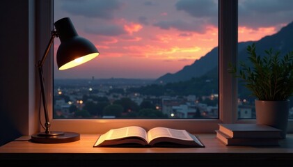 Fototapeta premium Elegant study at dusk with books and desk light on, desk lamp, bookshelf