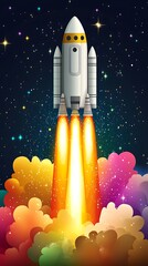 Rocket Launch Through Cosmic Rainbow Clouds