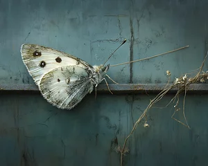 Pale Butterfly on Metal Fence.