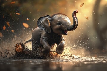 Obraz premium Baby Elephant Galloping in Muddy Water with Falling Leaves and Backlit Sunlight