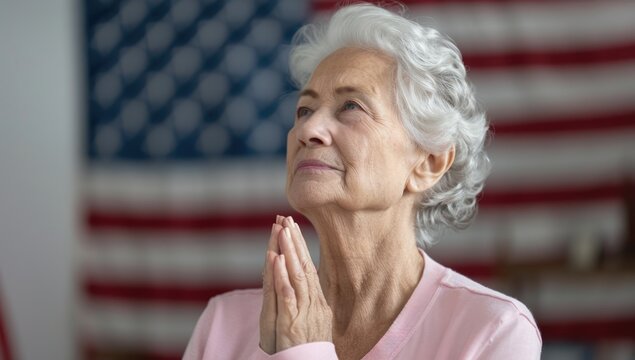 Faithful devotion: National Day of Prayer, solemn petition, spiritual moment, heartfelt appeal, American flag, religious unity, divine connection, national reflection sacred blessing. - Powered by Adobe
