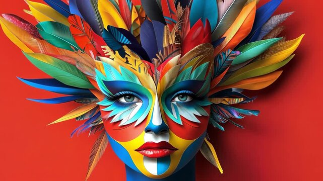 Carnival mask with feathers and painted face in bright colors on red backdrop
