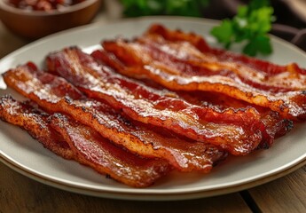 Obraz premium Crispy Bacon Strips Served on a Plate with Fresh Herbs in a Rustic Kitchen Setting Perfect for Breakfast or Gourmet Dishes