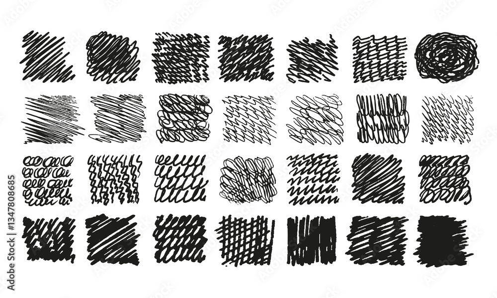 Poster twenty eight squares with various filling. option 2. doodles and squiggles. vector set