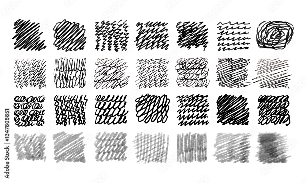 Poster twenty eight squares with various filling. doodles and squiggles. vector set