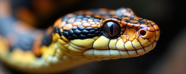 Fototapeta premium Snake's facial features in close-up showing its small eyes and distinctive markings, reptile, animal