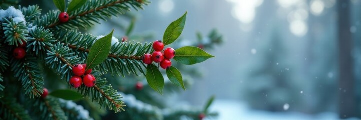 Obraz premium Evergreen tree branches with mistletoe and holly, frosty winter scene, Christmas tree branches, frosty