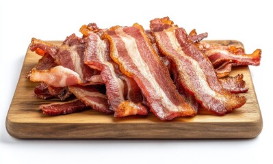 Fototapeta premium Crispy Cooked Bacon Pieces on Wooden Cutting Board with Isolated White Background for Culinary and Breakfast Concepts
