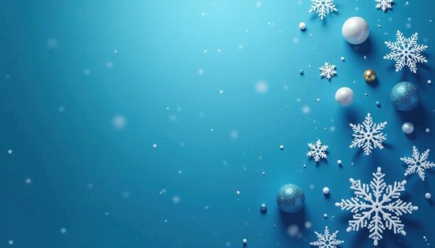 Snowflakes falling gently on a blue background with modern minimalist ornaments, ornaments, snowflakes, winter wonderland