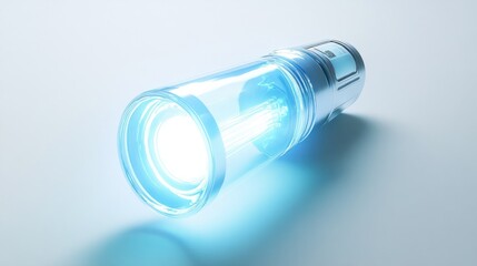 A blue flashlight emitting bright light, designed for illumination in dark environments.