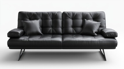 Fototapeta premium A modern black leather sofa with plush cushions, designed for comfort and style.