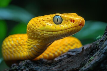 Obraz premium Yellow snake portrait, rainforest, jungle, close-up, wildlife, nature, reptile, photography, background blur, poster