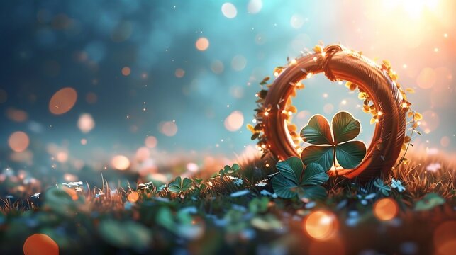 Motivational Good Luck wish card with a golden horseshoe a four leaf clover and a softly glowing background A stylish blank space is framed neatly for adding names and personal words of encouragement