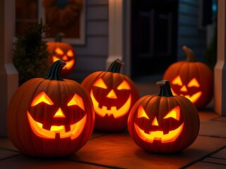 Obraz premium Glowing Carved Pumpkins on a Porch - Halloween Decorations and Festive Atmosphere.