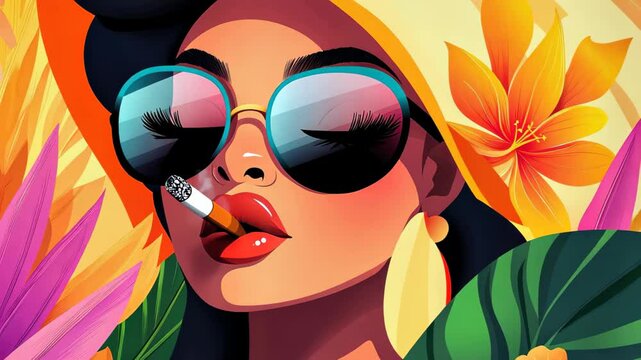 Vibrant cartoon of a Cuban woman with floral decor and cigar, perfect for a lively music poster showcasing Caribbean culture.
