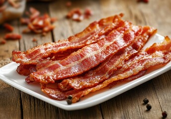 Crispy Cooked Bacon Strips Served on a White Plate with Wooden Background and Spices for a Delicious Breakfast or Snack Idea