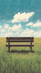 Fototapeta premium Serene Bench in Green Field with Fluffy Clouds a Moment of Peace and Quiet Contemplation Art
