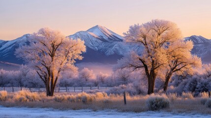 Frosty landscape with mountains and trees at sunrise, showcasing winter beauty.