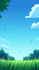 Obraz premium Serene Green Landscape with Soft Clouds and Clear Blue Sky Vector Illustration Graphic Art