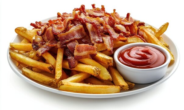 Crispy French Fries Topped with Crunchy Bacon Bits Served with a Side of Tomato Ketchup on a White Plate