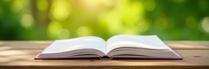 Wooden table with blank landscape booklet in soft focus outdoors , paper, nature
