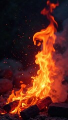 Flames engulf a dark canvas, warm colors dance in intensity, sparks, fire