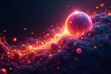 Floating orbs of light amidst a swirling mesh of abstract particles against a dark background, ambient glow, futuristic atmosphere