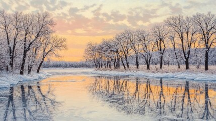 A serene winter landscape with a river reflecting trees and a colorful sunset.