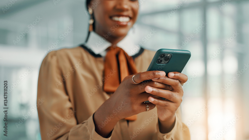 Aufkleber Phone, hands and typing with business black woman in office for networking, feedback and virtual advisor. Email newsletter, communication and schedule with closeup of person for contact and chat