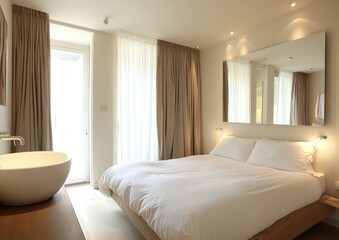 A modern bedroom features a bed and a bathroom sink nearby