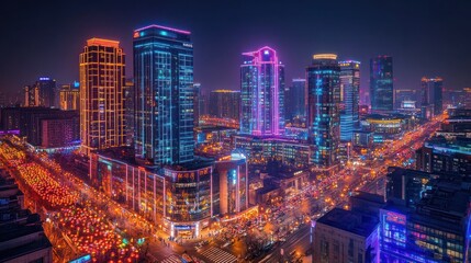 A vibrant city skyline illuminated by colorful lights at night, showcasing urban architecture.