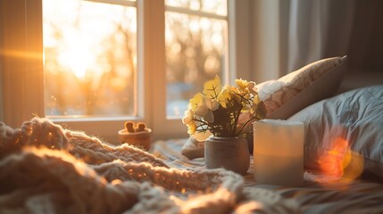 Peaceful Get Well Soon wish card featuring a cozy bedside setting a soft sunlight glow and a caring handwritten style design A framed blank space allows for writing names and warm recovery wishes