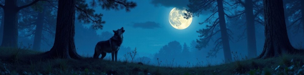 Fototapeta premium Forest under moonlight with a wolf howling softly, wilderness, moonlight
