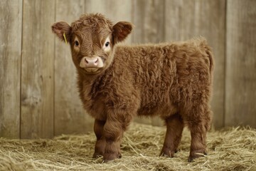 Charming highland calf stands in straw-covered stall of a barn, rustic backdrop, adorable, fluffy, farm animal, rustic, rural, cat
