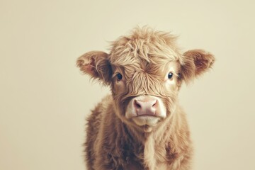 Adorable Fluffy Highland Calf with Long Hair and Gentle Eyes Staring at the Camera