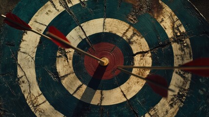Naklejka premium Bullseye: Three Arrows Hitting the Center of a Weathered Target