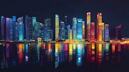 Naklejka premium A vibrant city skyline at night, reflecting colorful lights on water.